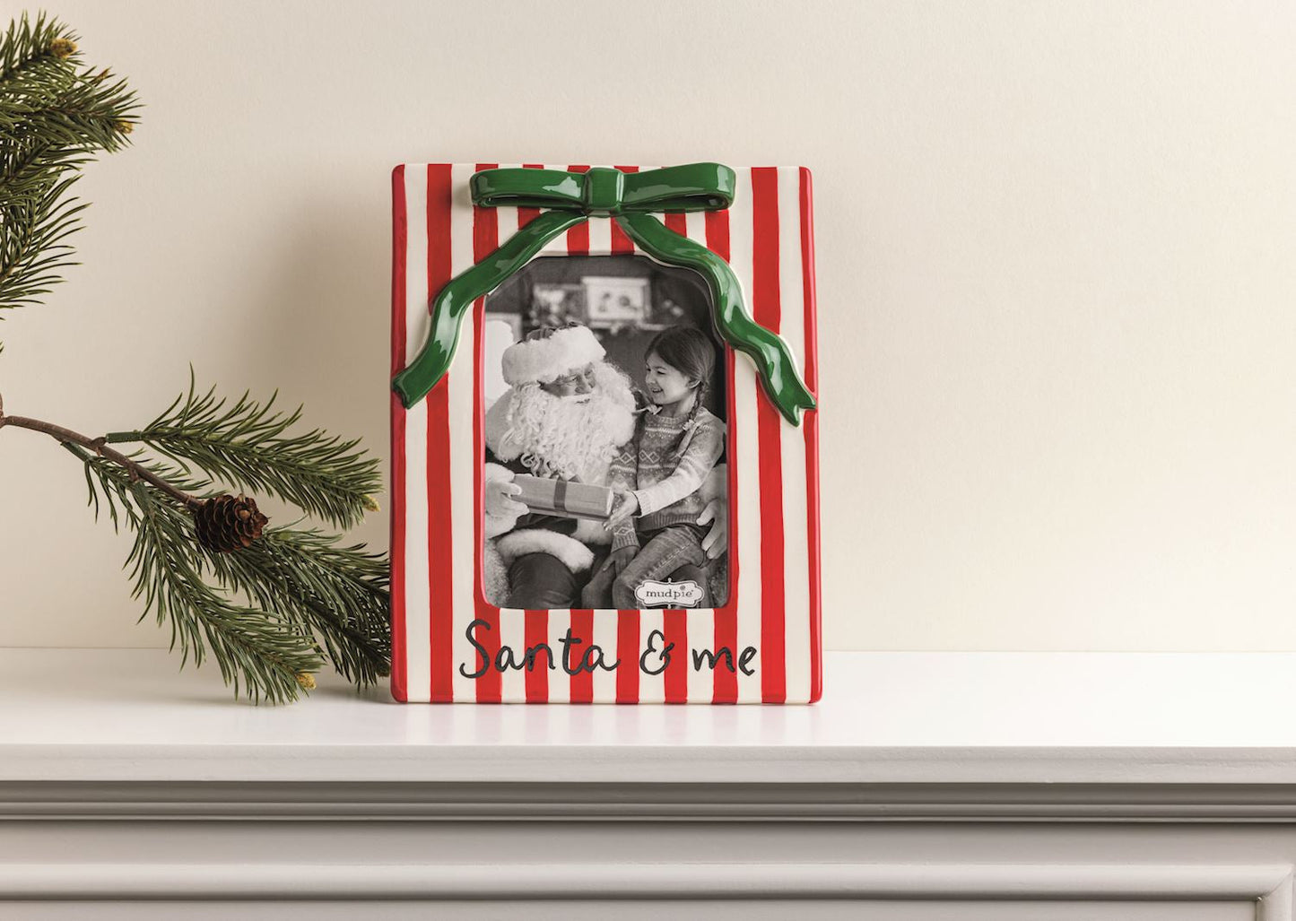 Christmas Bow Santa & Me Red & White Stripe Ceramic Photo Frame - - Christmas
