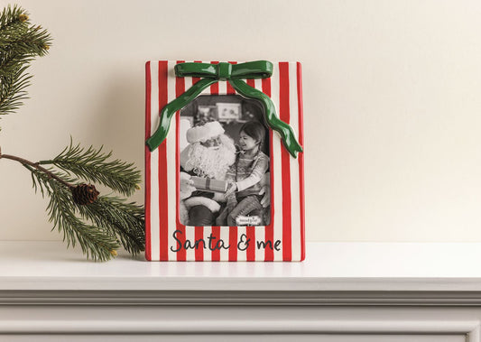 Christmas Bow Santa & Me Red & White Stripe Ceramic Photo Frame - - Decor