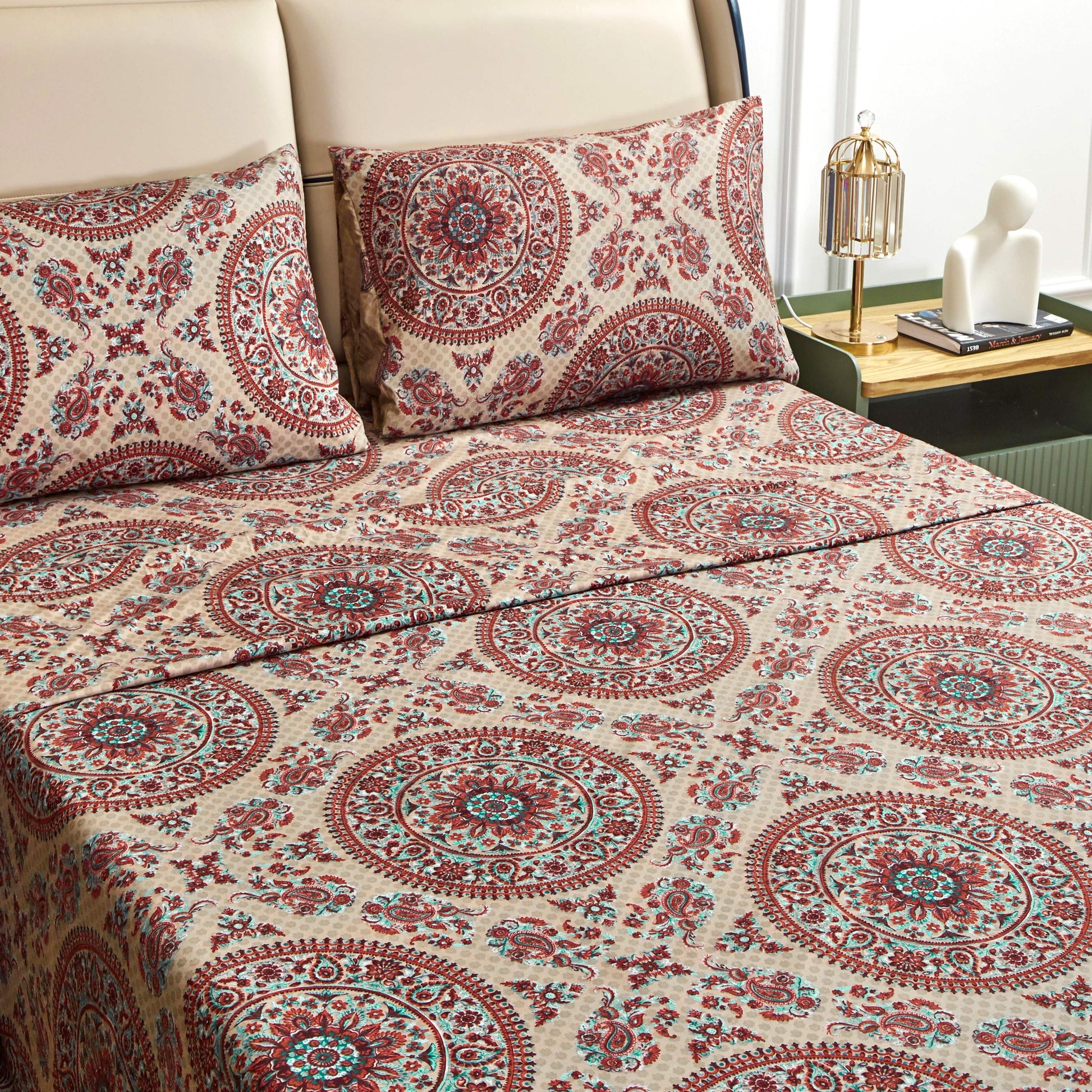 Tache Bohemian Desert Medallion Boteh Paisley Taupe Fitted Sheet / Flat Sheet (TJ3502) - - Bed Sheet