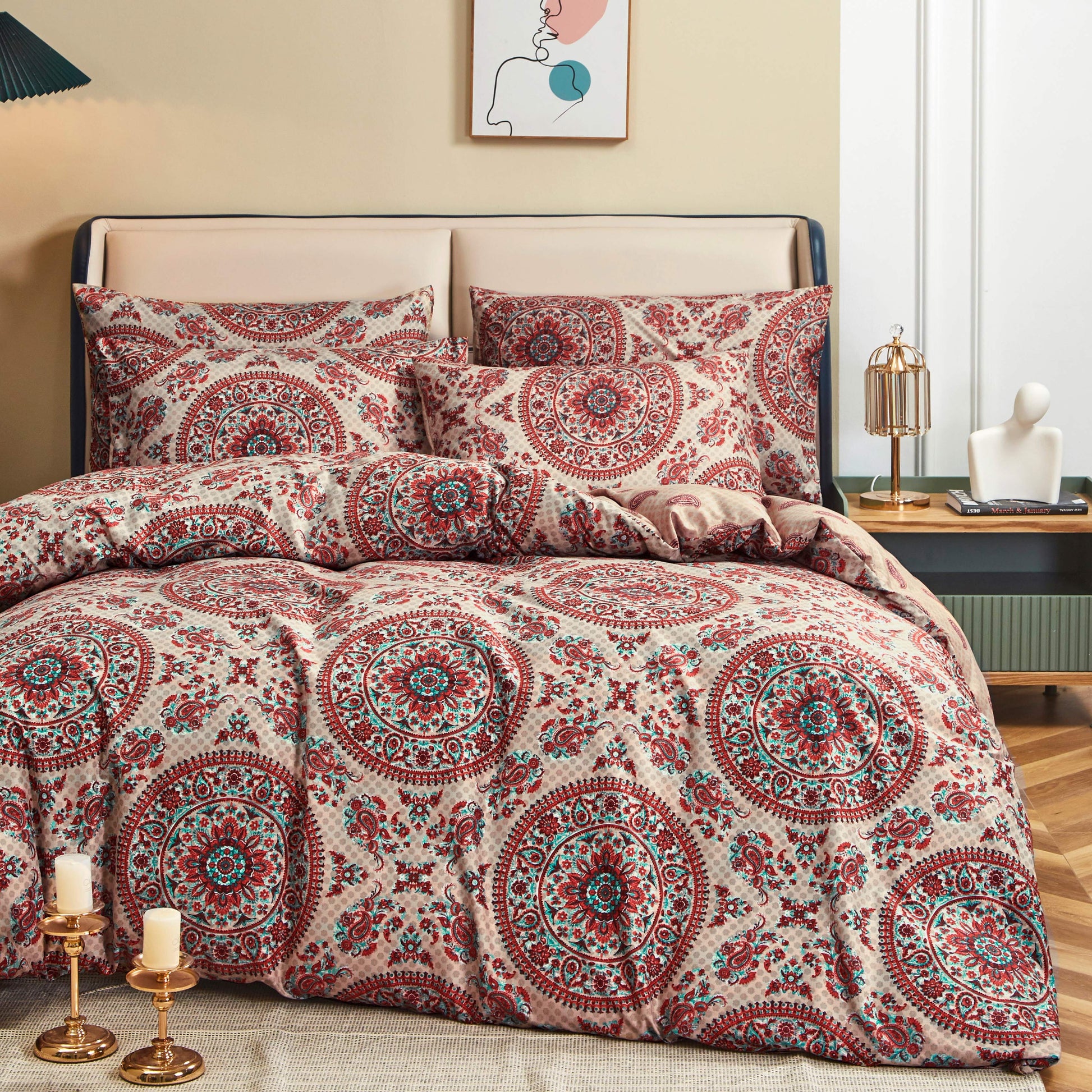 Tache Bohemian Desert Medallion Boteh Paisley Orange Blue Taupe Reversible Duvet Cover (TJ3502) - Cal King - Duvet Cover