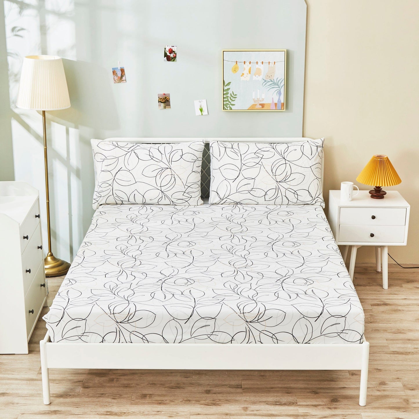 Tache Modern Abstract Leaf Line Art Foliage White Grey Black Gold Fitted Sheet / Flat Sheet (TJ3571) - Fitted Sheet - Bed Sheet