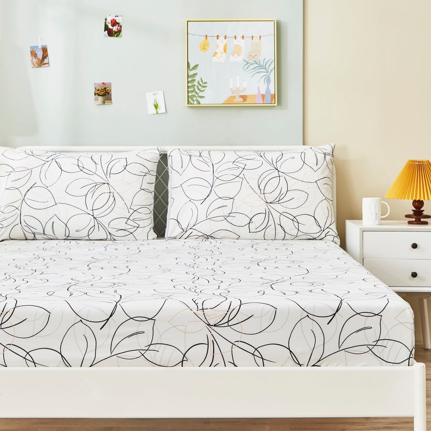 Tache Modern Abstract Leaf Line Art Foliage White Grey Black Gold Fitted Sheet / Flat Sheet (TJ3571) - - Bed Sheet