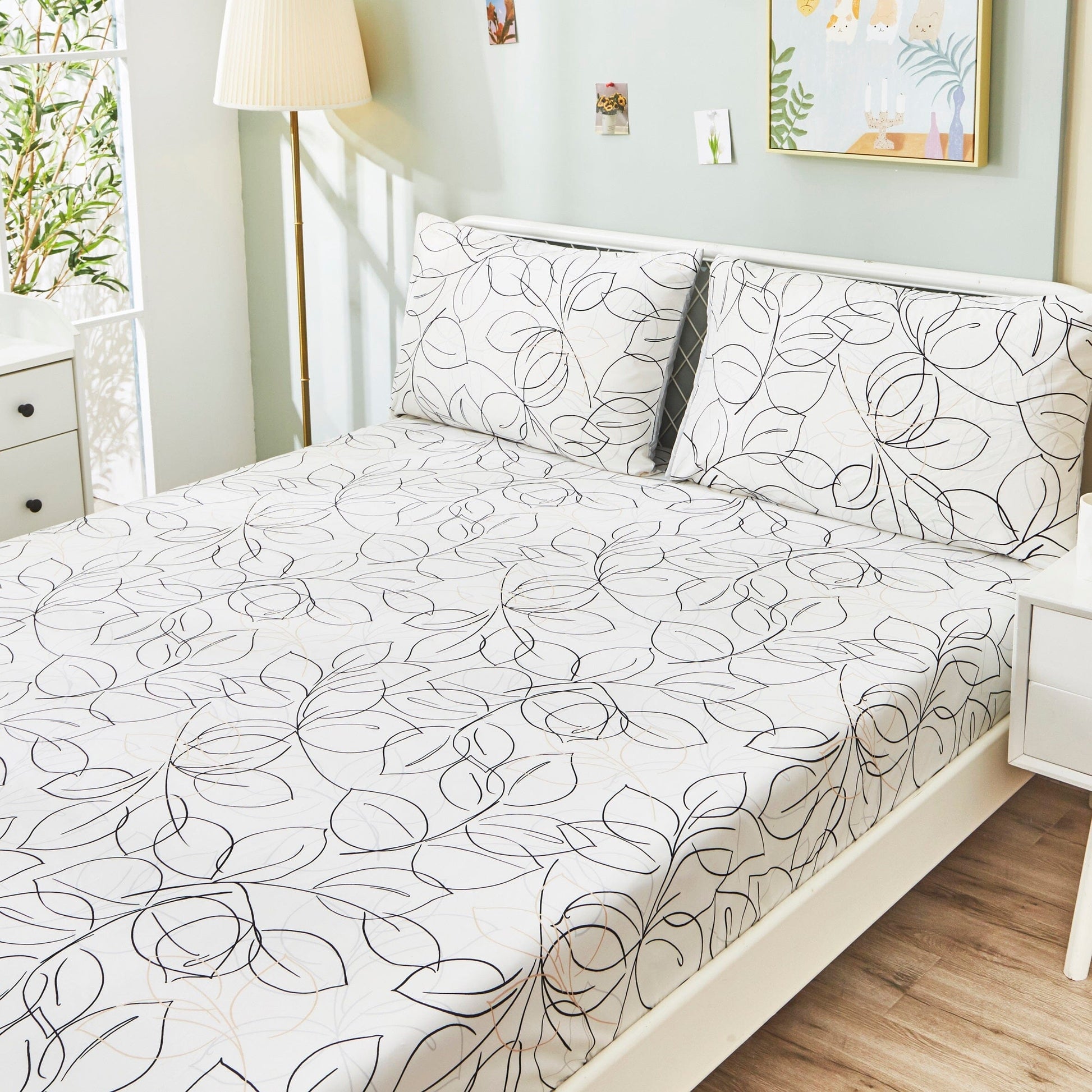 Tache Modern Abstract Leaf Line Art Foliage White Grey Black Gold Fitted Sheet / Flat Sheet (TJ3571) - - Bed Sheet