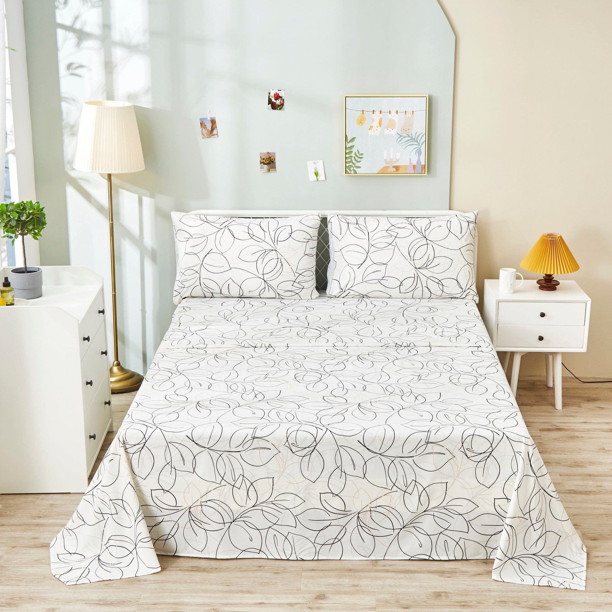 Tache Modern Abstract Leaf Line Art Foliage White Grey Black Gold Fitted Sheet / Flat Sheet (TJ3571) - Flat Sheet - Bed Sheet