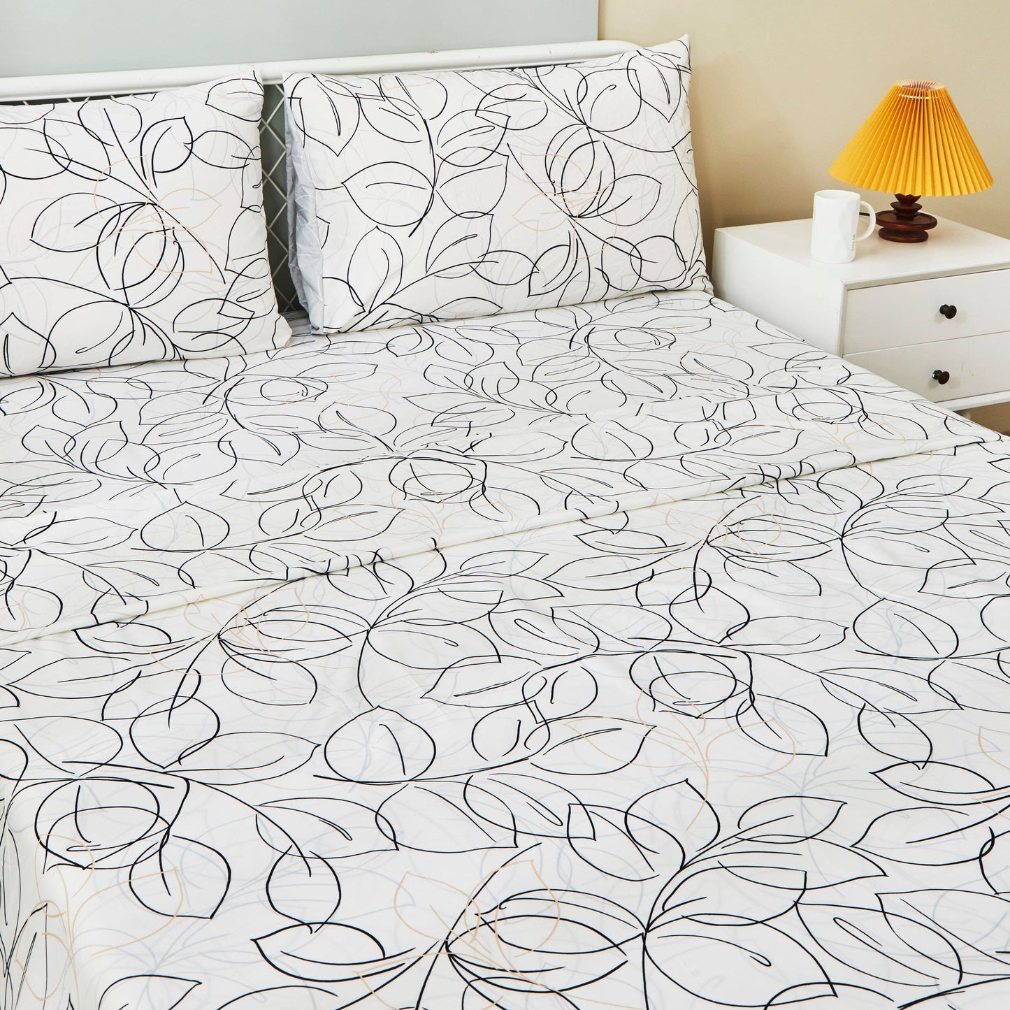 Tache Modern Abstract Leaf Line Art Foliage White Grey Black Gold Fitted Sheet / Flat Sheet (TJ3571) - - Bed Sheet