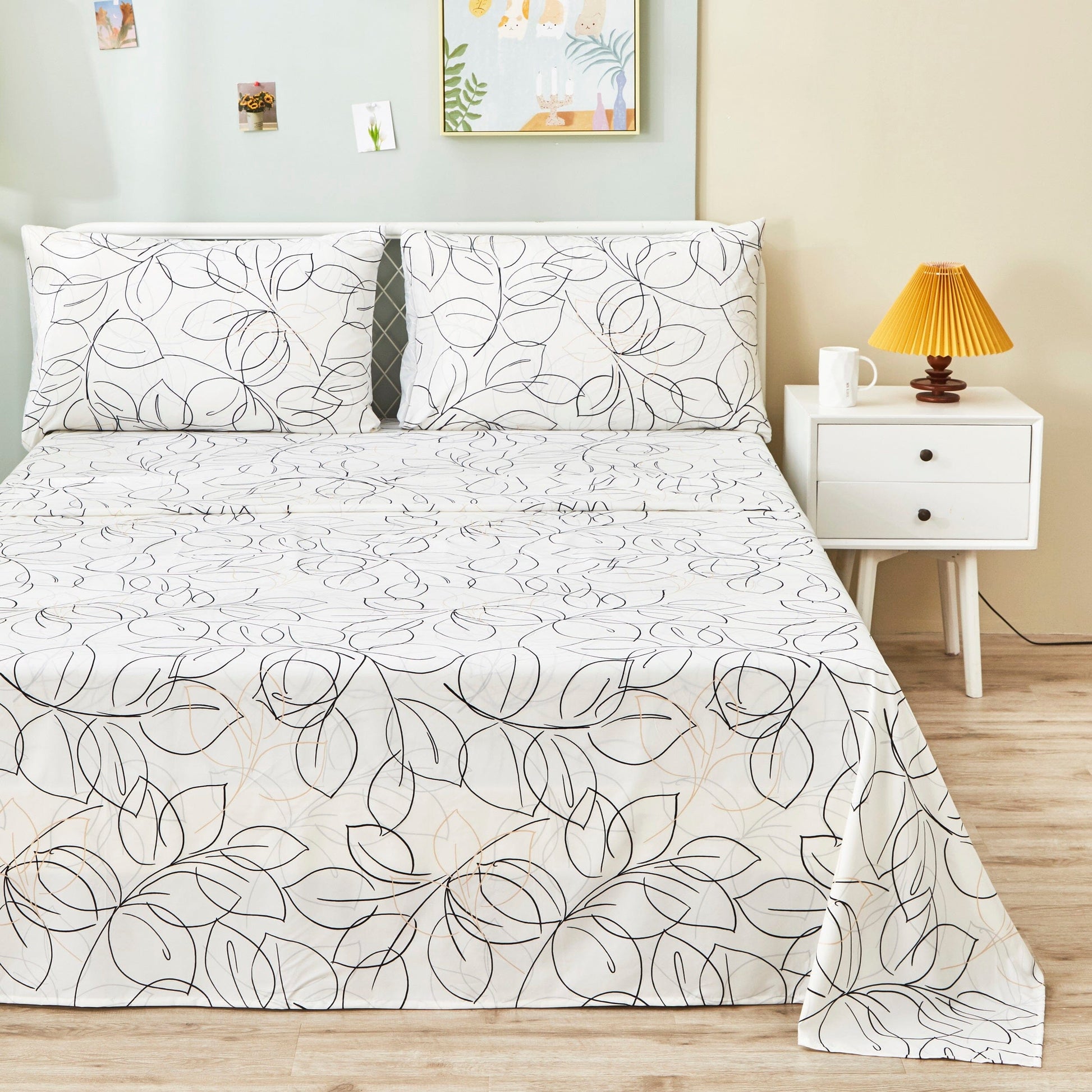 Tache Modern Abstract Leaf Line Art Foliage White Grey Black Gold Fitted Sheet / Flat Sheet (TJ3571) - - Bed Sheet