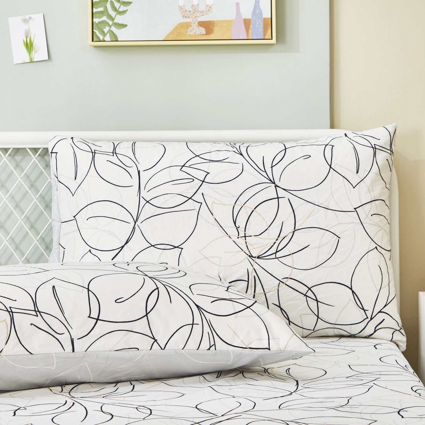 Tache Modern Abstract Leaf Line Art Foliage White Grey Black Gold Pillowcases (TJ3571) - - Pillowcase