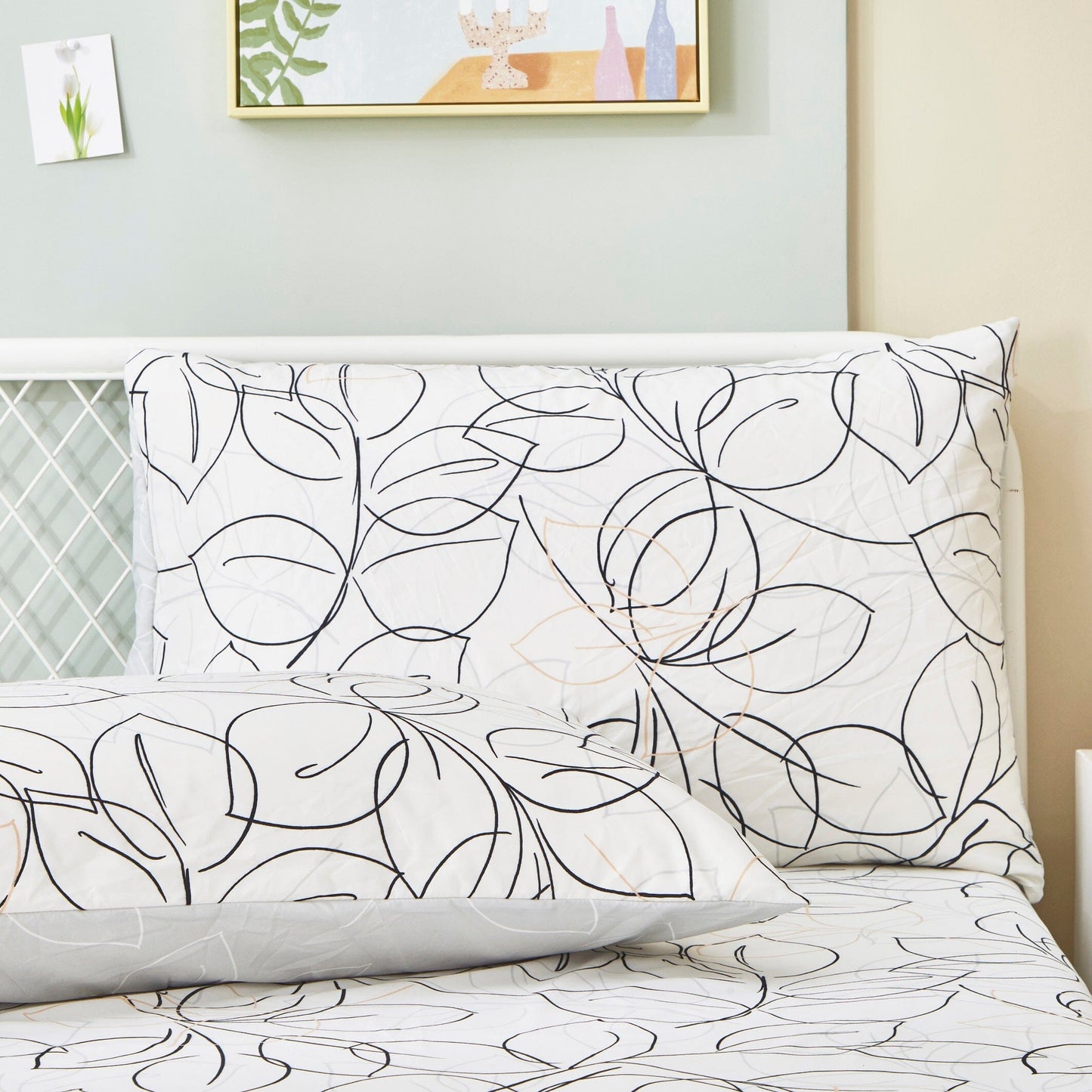 Tache Modern Abstract Leaf Line Art Foliage White Grey Black Gold Fitted Sheet / Flat Sheet (TJ3571) - - Bed Sheet