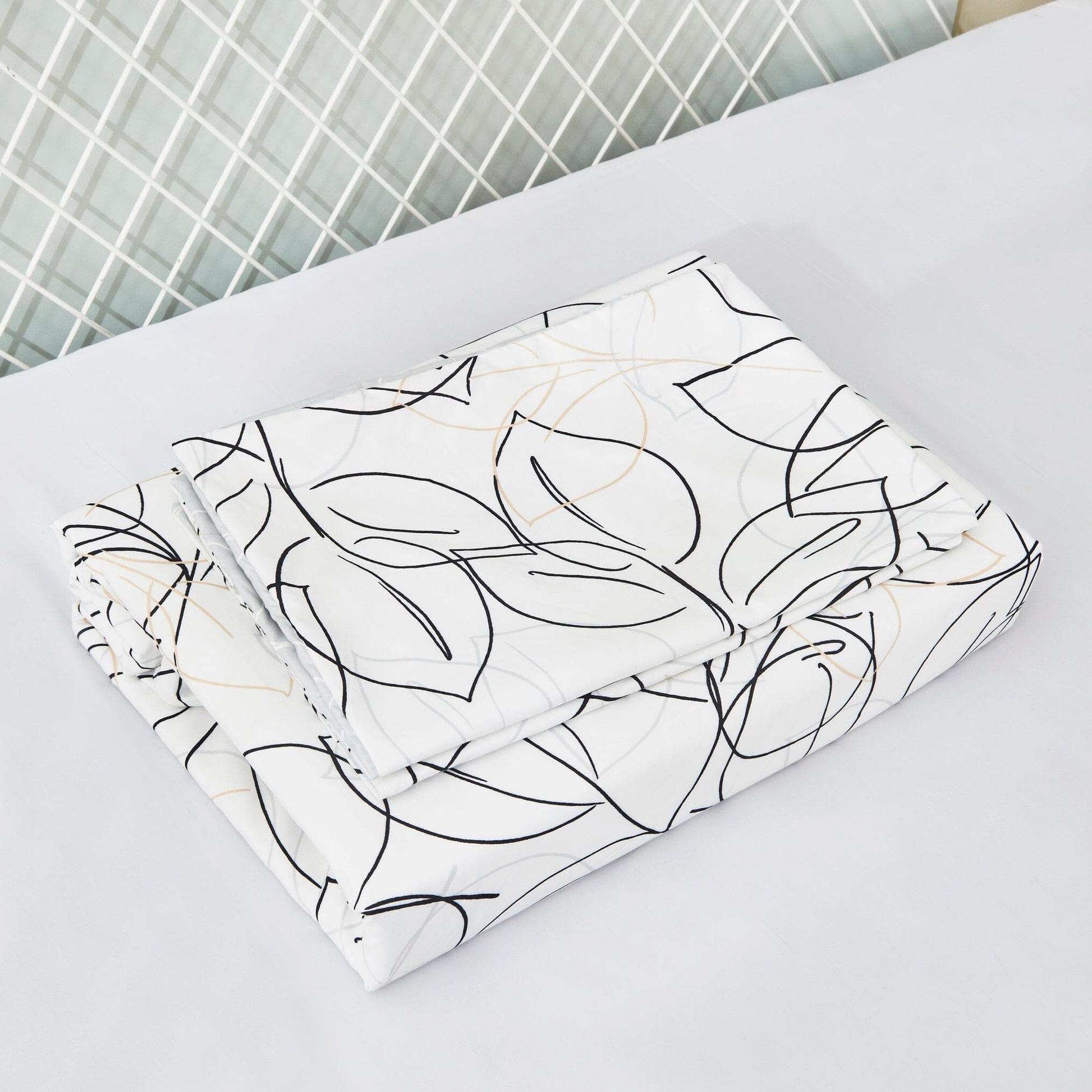 Tache Modern Abstract Leaf Line Art Foliage White Grey Black Gold Fitted Sheet / Flat Sheet (TJ3571) - - Bed Sheet