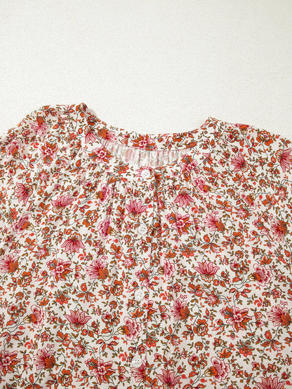 Floral Long Sleeve Button Down Blouse - -