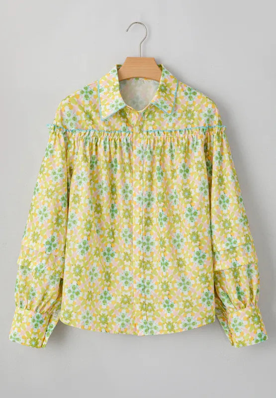 Frill Printed Collared Neck Long Sleeve Blouse - -