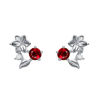 S925 Silver Ruby Blossom Earrings with Crystal Accents