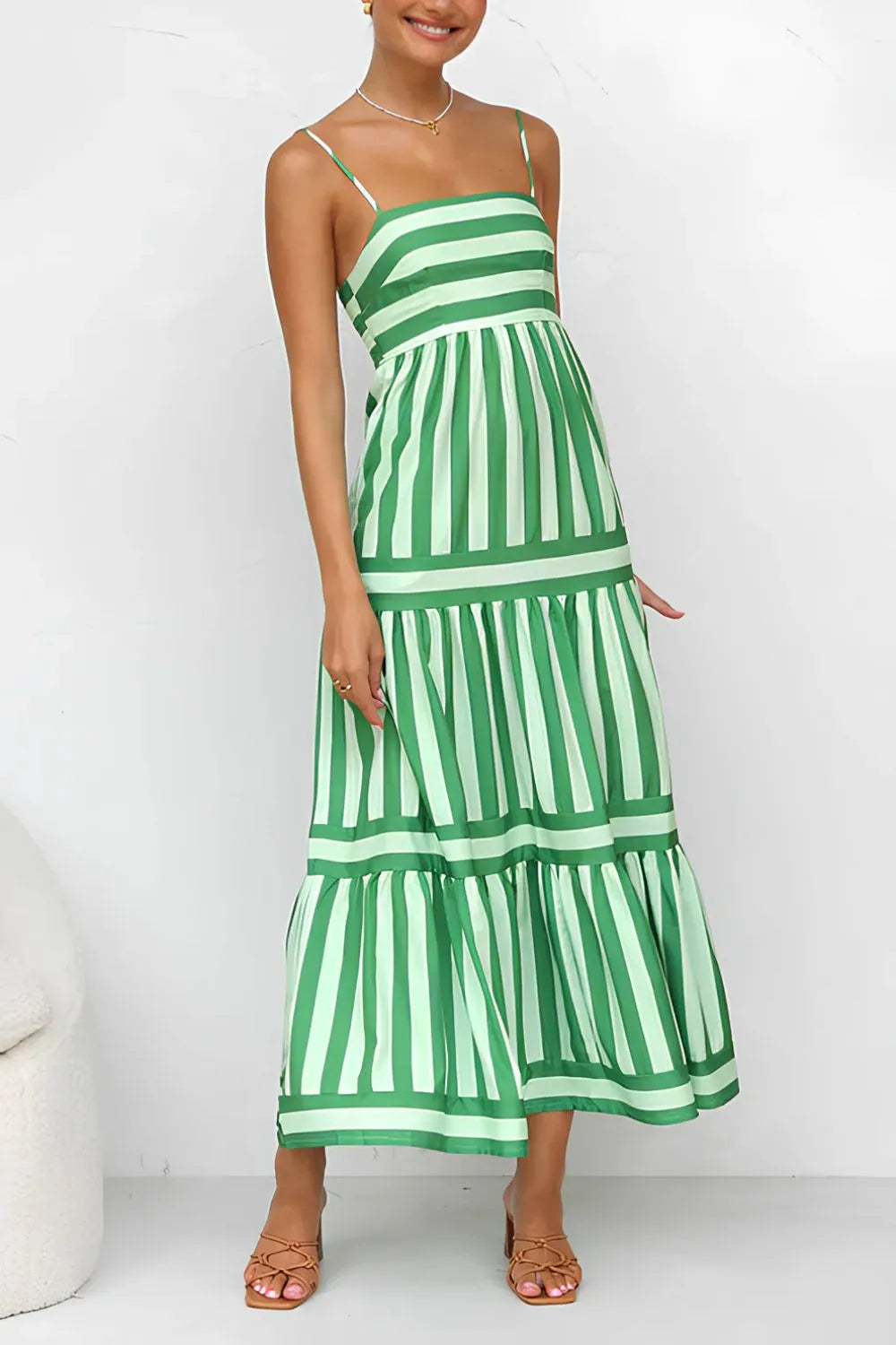 Striped Tiered Maxi Cami Dress - -