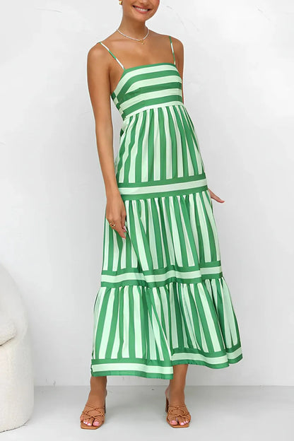 Striped Tiered Maxi Cami Dress - -