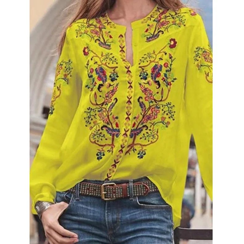 Lace Blouse Long Sleeve Lovely Floral Printed Shirt Ladies Stand Collar Blouse