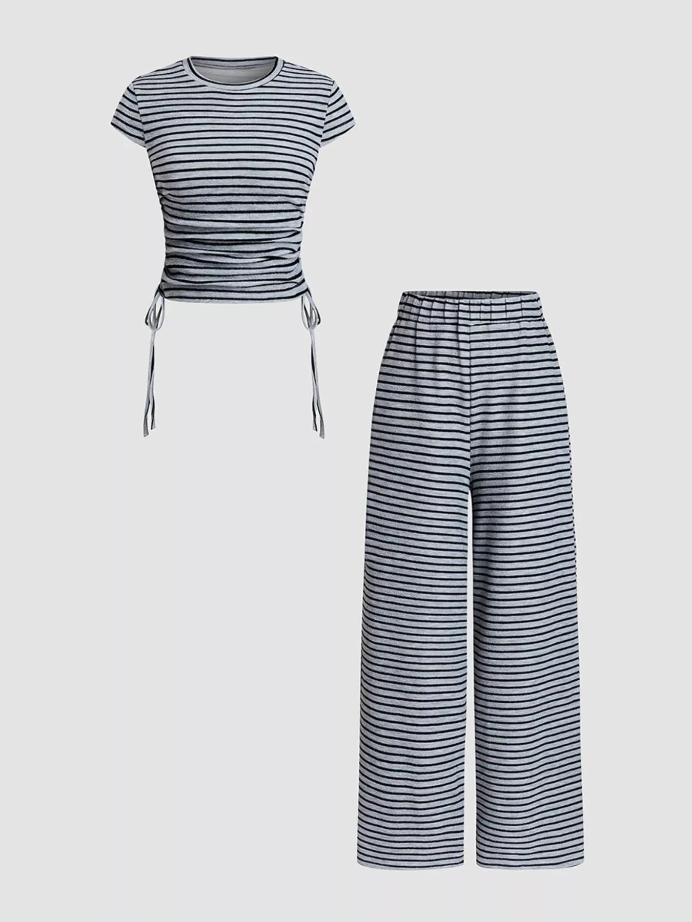 Striped Crop Top and Wide Leg Pants Set- Shopimist- {{Product type}}