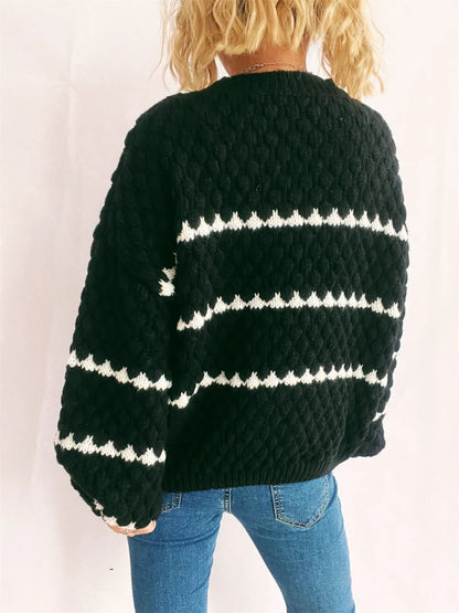 Contrast Stripes Round Neck Long Sleeve Sweater - -