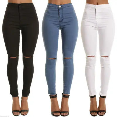 Women's Mid Waist Little Stretch Jeans Slit Knee Denim Pants