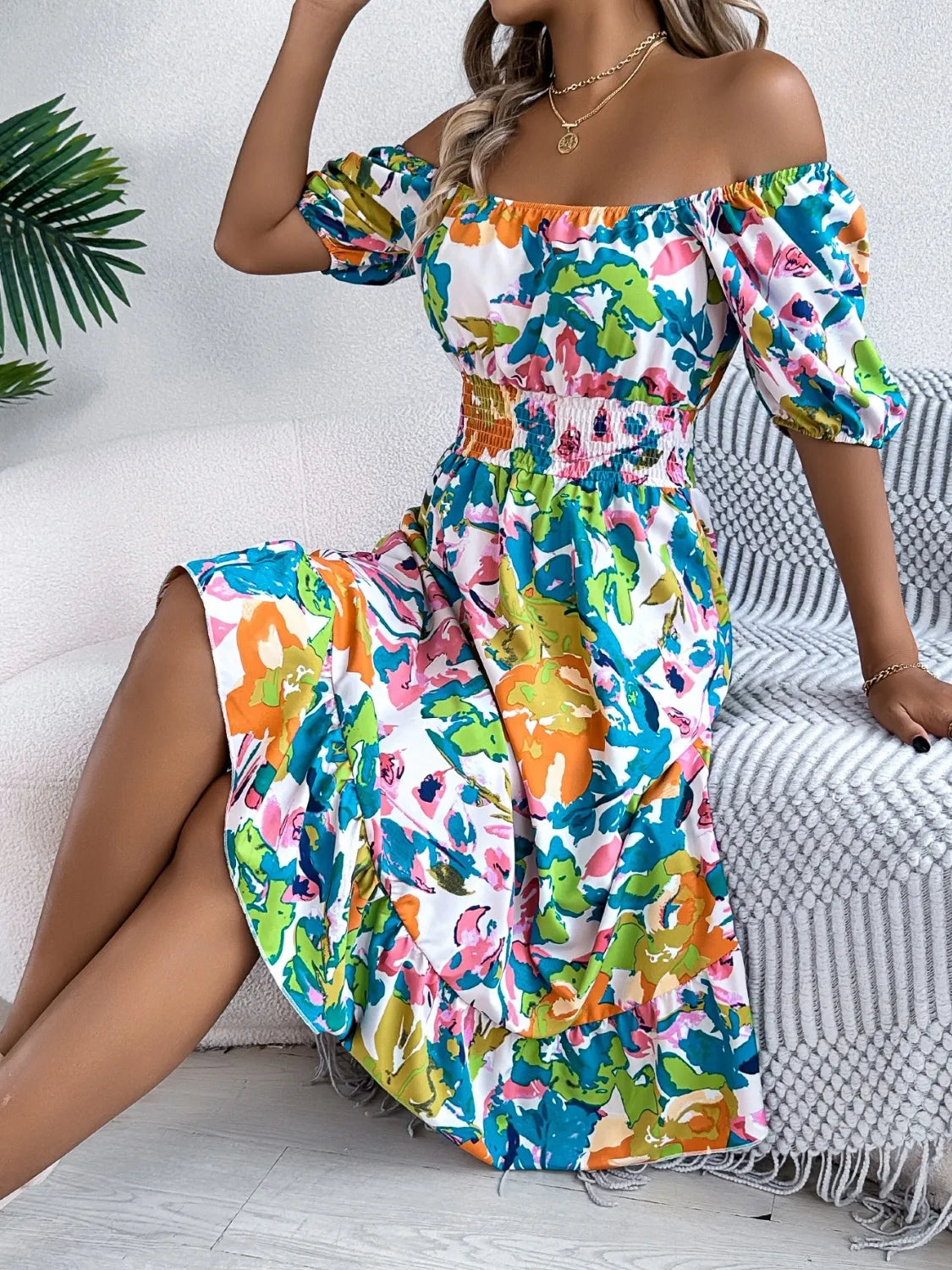 Ruffled Hem Smocked Floral Short Sleeve Midi Dress - Green -