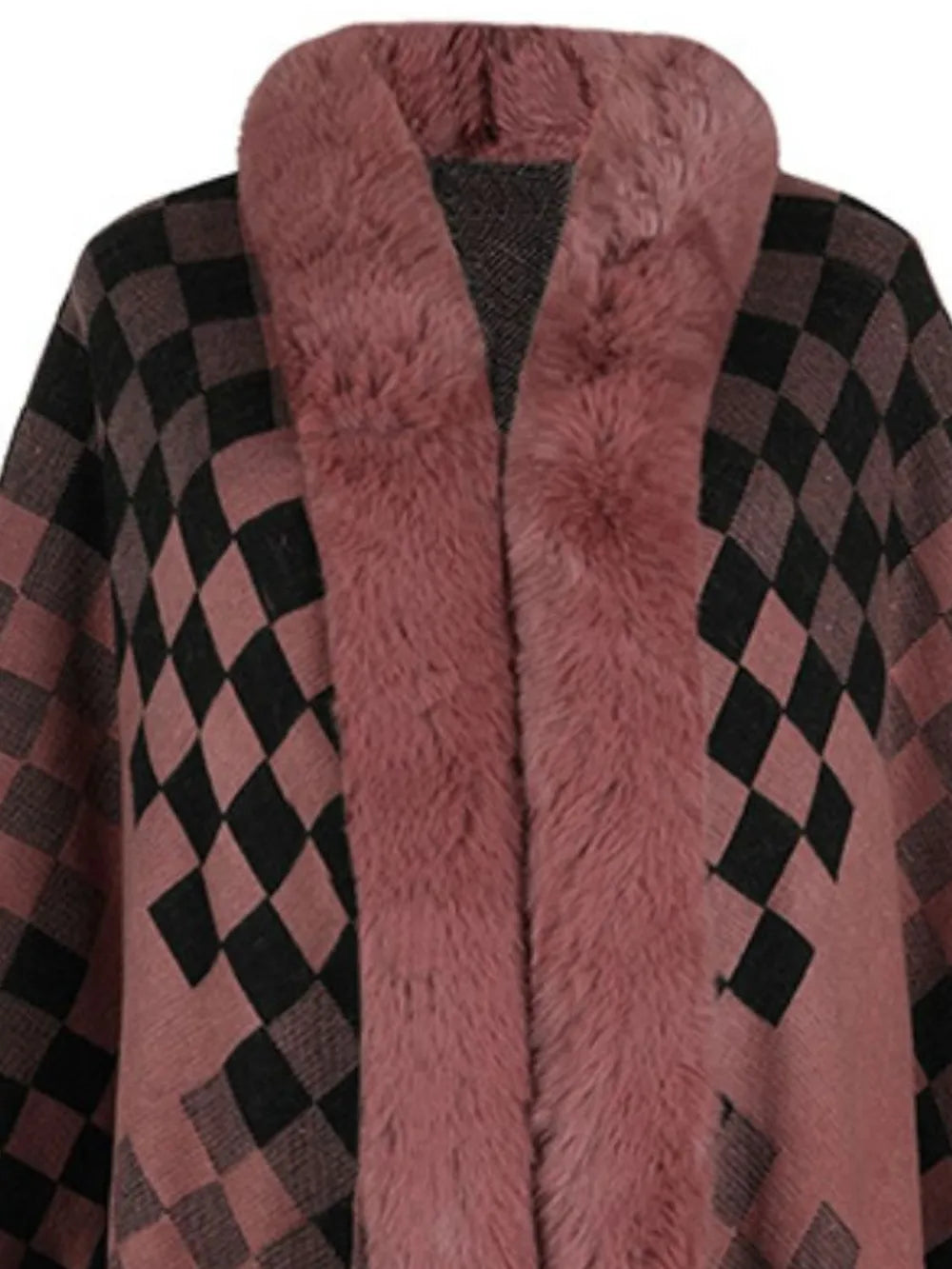 Fuzzy Checkered Long Sleeve Poncho - -