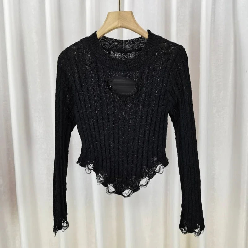 Women Long Sleeve O-Neck Solid Color Hollow Out Tassel Fringe Knitted Shirt