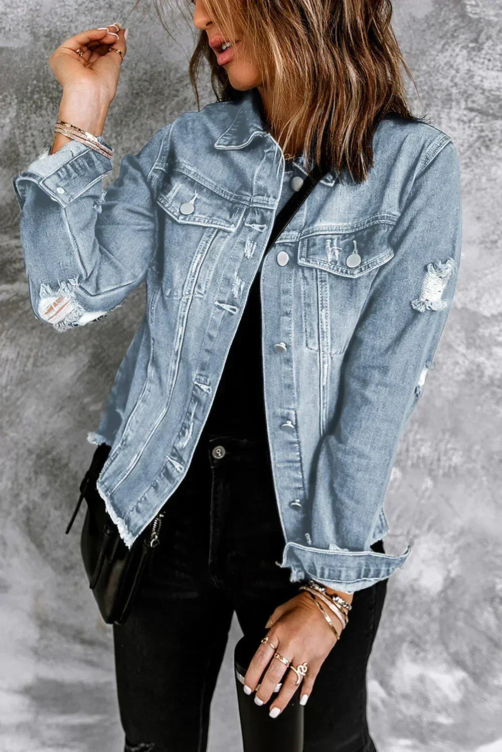 Light Blue Distressed Denim Jacket with Raw Hem – Femstylo- Femstylo- {{Product type}}