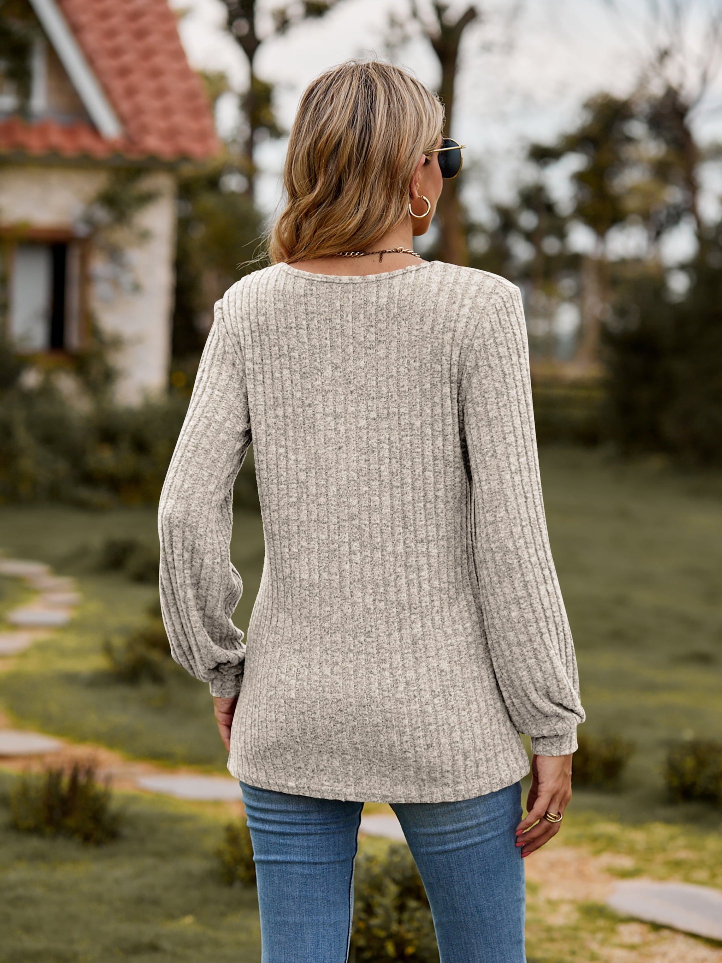 Round Neck Button-Down Long Sleeve Tee - -