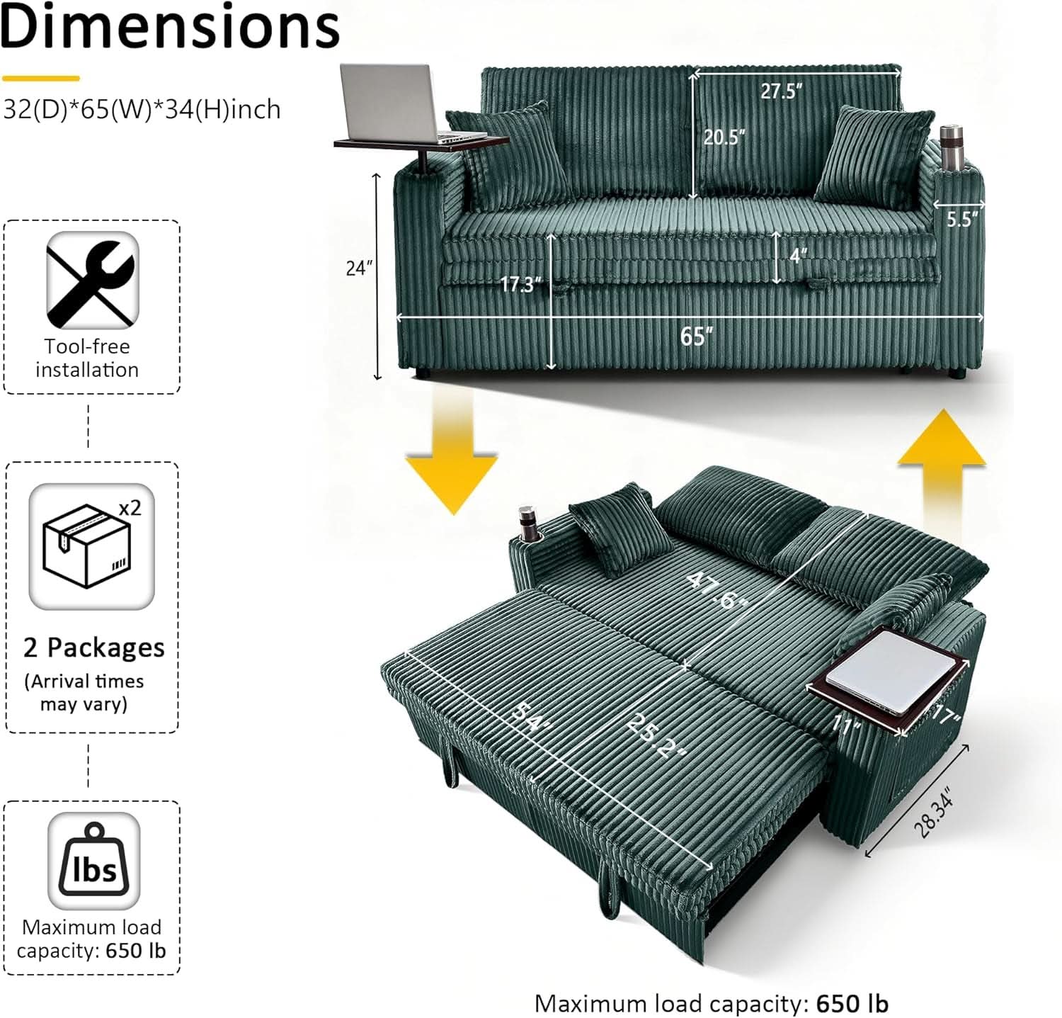 65Inch Sleeper Sofa Bed CorduroyFabric Emerald Green- ShipItFurniture- {{Product type}}