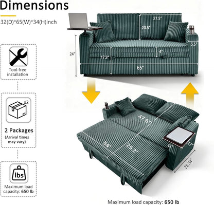 65Inch Sleeper Sofa Bed CorduroyFabric Emerald Green- ShipItFurniture- {{Product type}}
