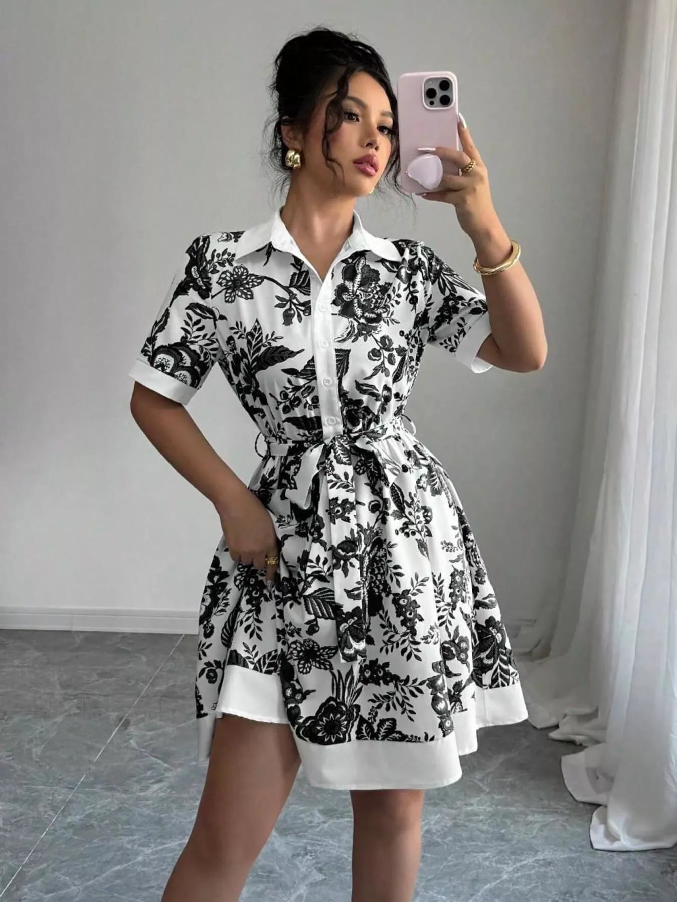 Floral Print Button-Front Shirt Dress - -