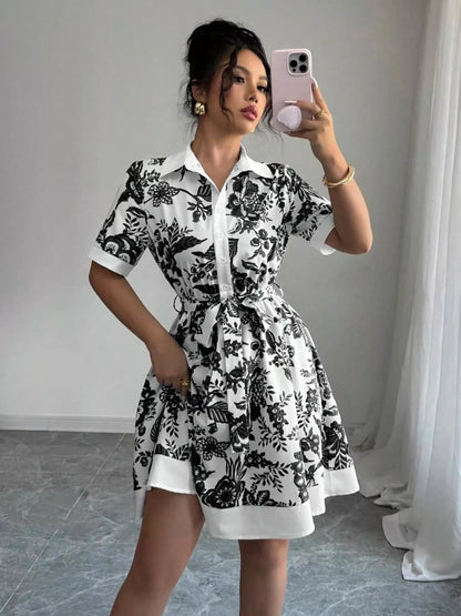 Floral Print Button-Front Shirt Dress - -