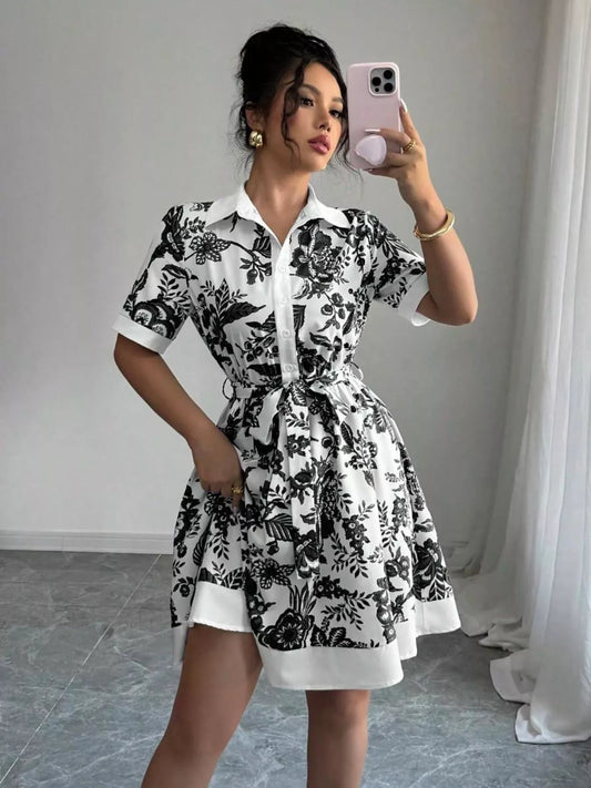 Floral Print Button-Front Shirt Dress - -