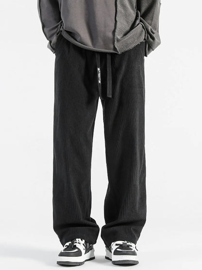 Men's Plus Size Casual Drawstring Wide Leg Pants - Black -