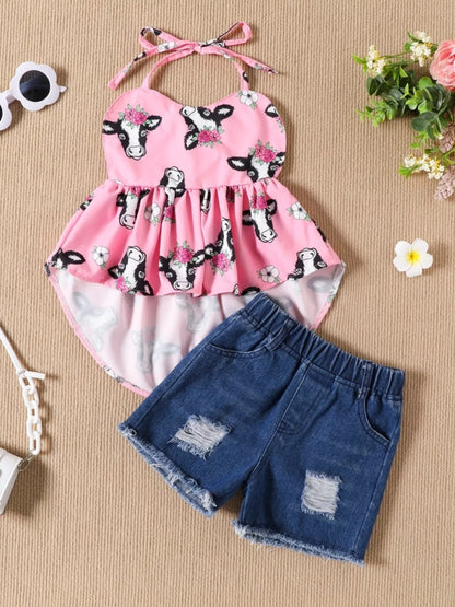 Children's Halter Neck Cami and Denim Shorts Set - Pink -