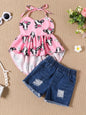 Children's Halter Neck Cami and Denim Shorts Set - Pink -