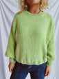 Round Neck Dropped Shoulder Long Sleeve Sweater - Lime One Size -