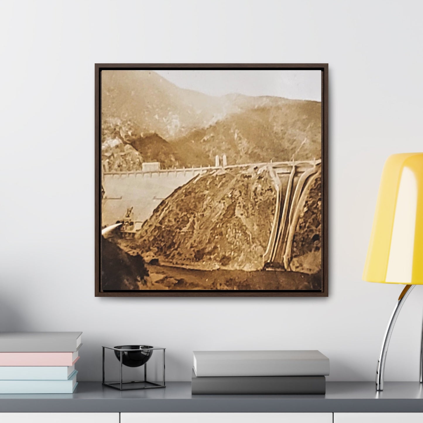 Back View Morris Dam Spillway Gallery Canvas Wraps Square Frame 20″ x 20″ 1.25" Walnut