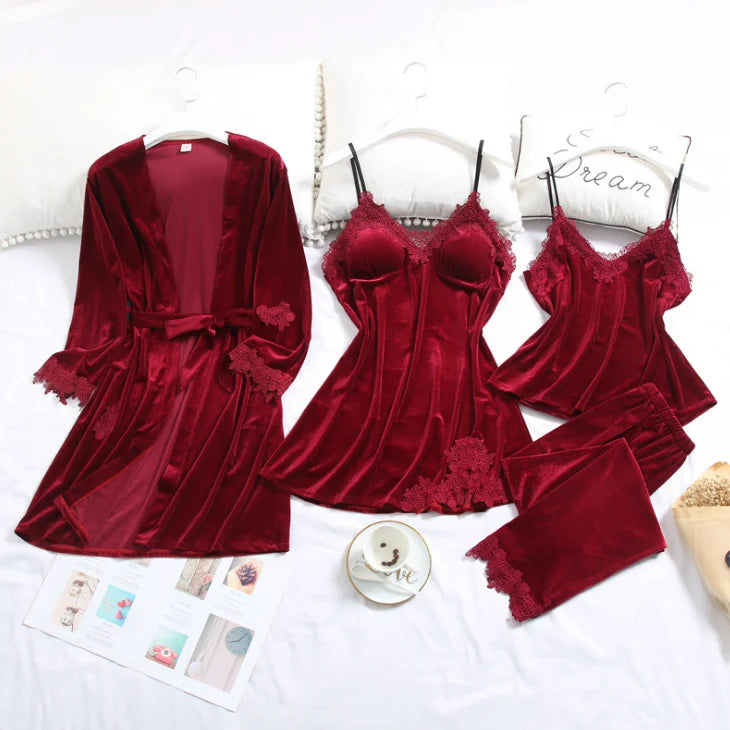 Velvet 4 Pieces Warm Winter Pajamas Sets Sleepwear Kit Sleeveless Nightwear