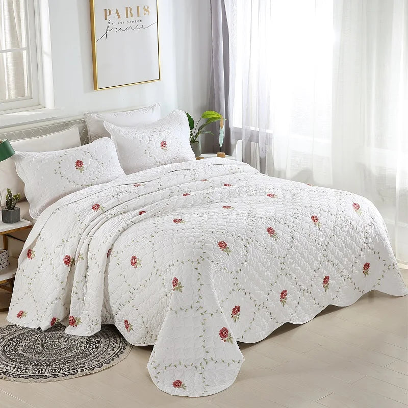 Nordic Style 100% Cotton Embroidered Rose Flower White Bedspreads Eco-Friendly