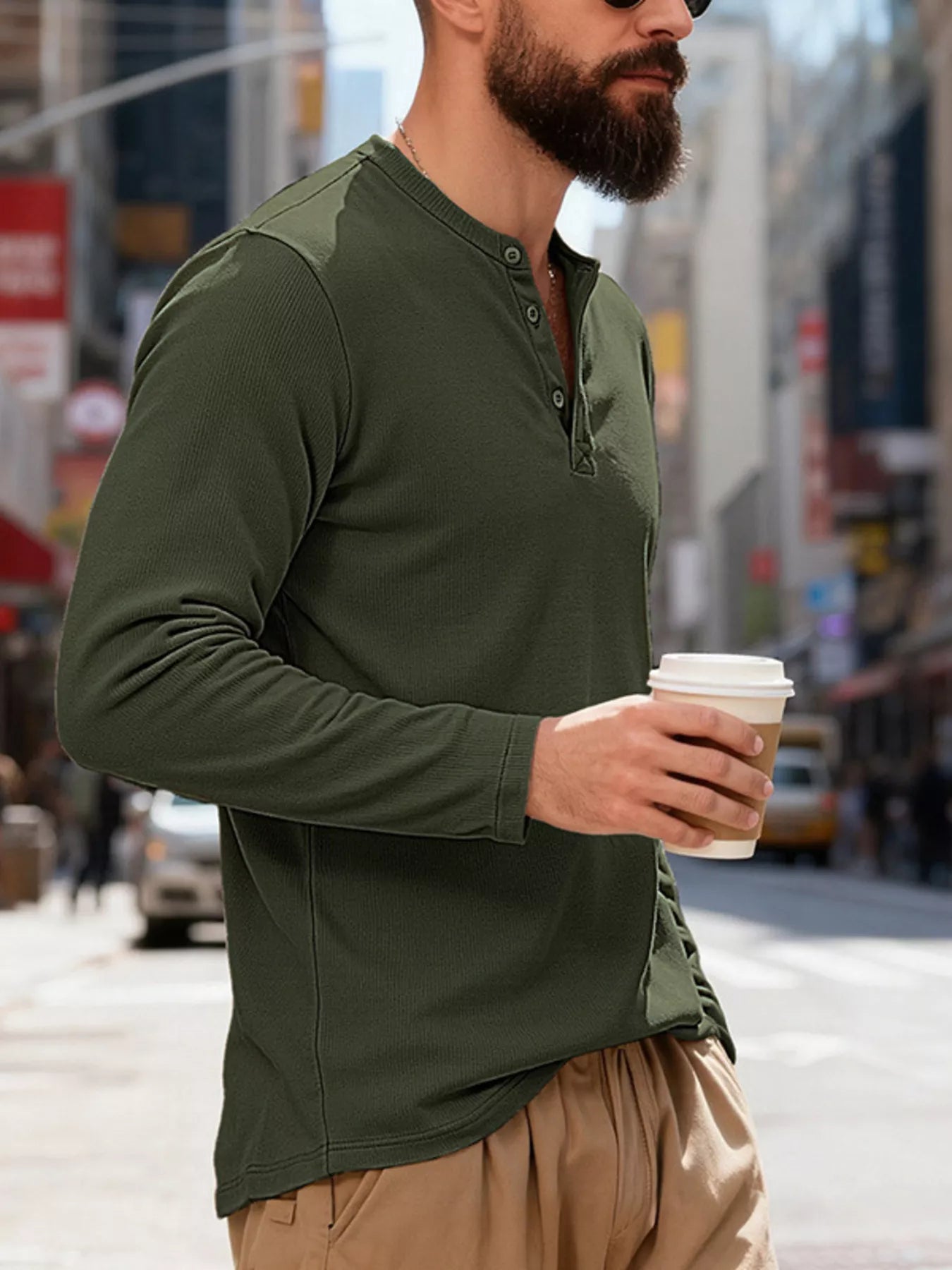 Men's Full Size Casual Long Sleeve Henley T-Shirt Plus Size - -