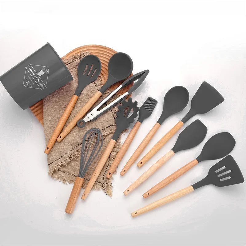 12pcs Silicone Kitchen Utensil Set Wooden Handle Silicone Cooking Tools