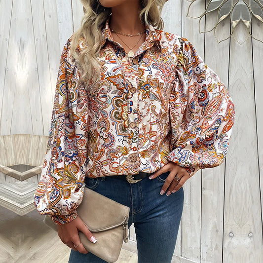 Paisley Geometric Pattern Color Long Sleeve Blouse Shirt Women Casual Vintage