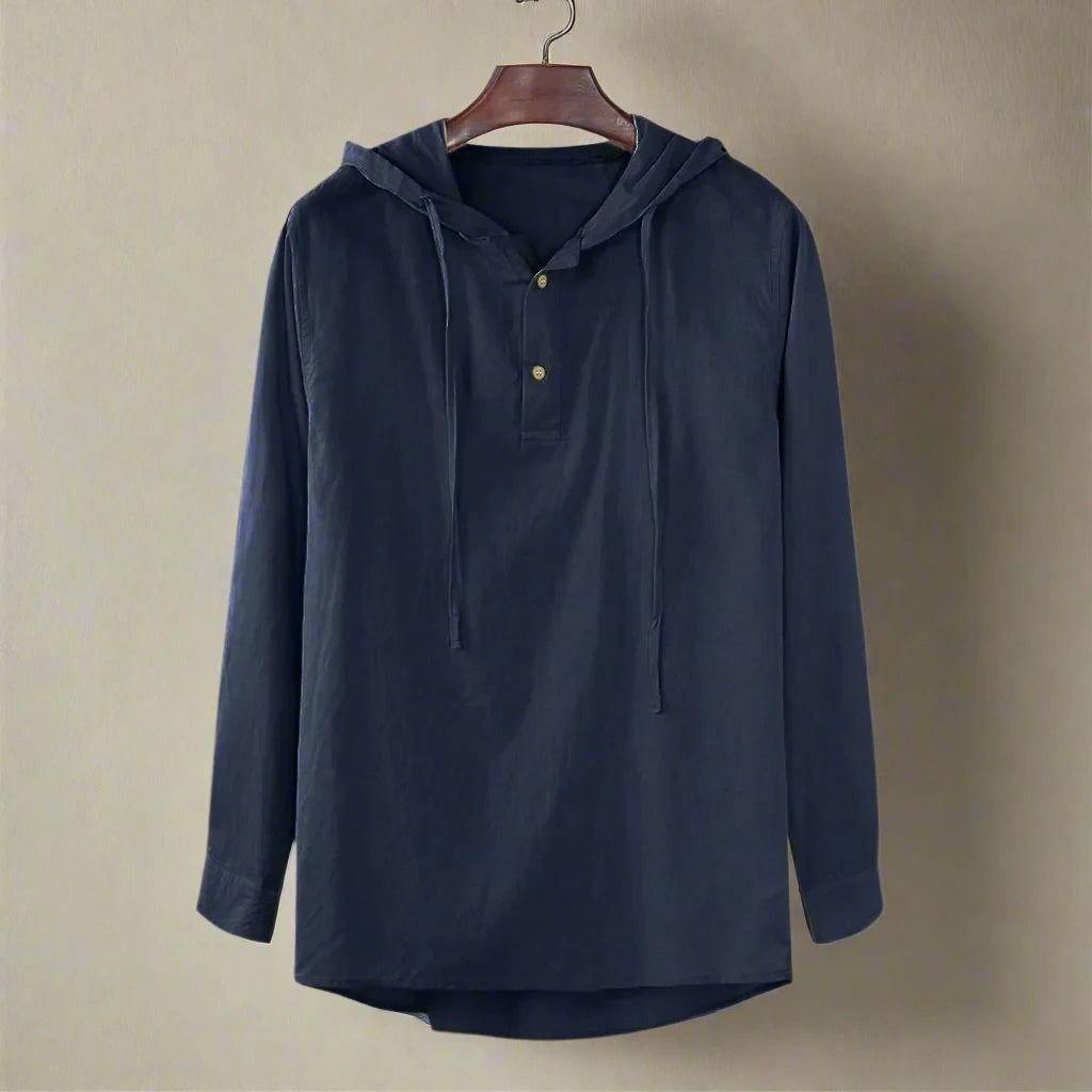 Men's Baggy Cotton Linen Solid Button Long Sleeve Hooded Shirts