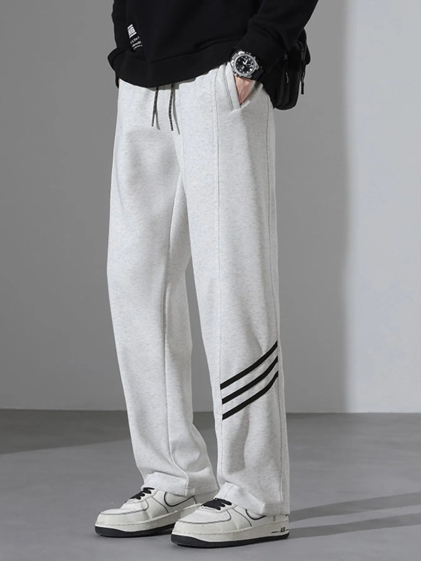 Men's Full Size Casual Loose Fit Sweatpants with Stripes Plus Size - Light Flower Gray -