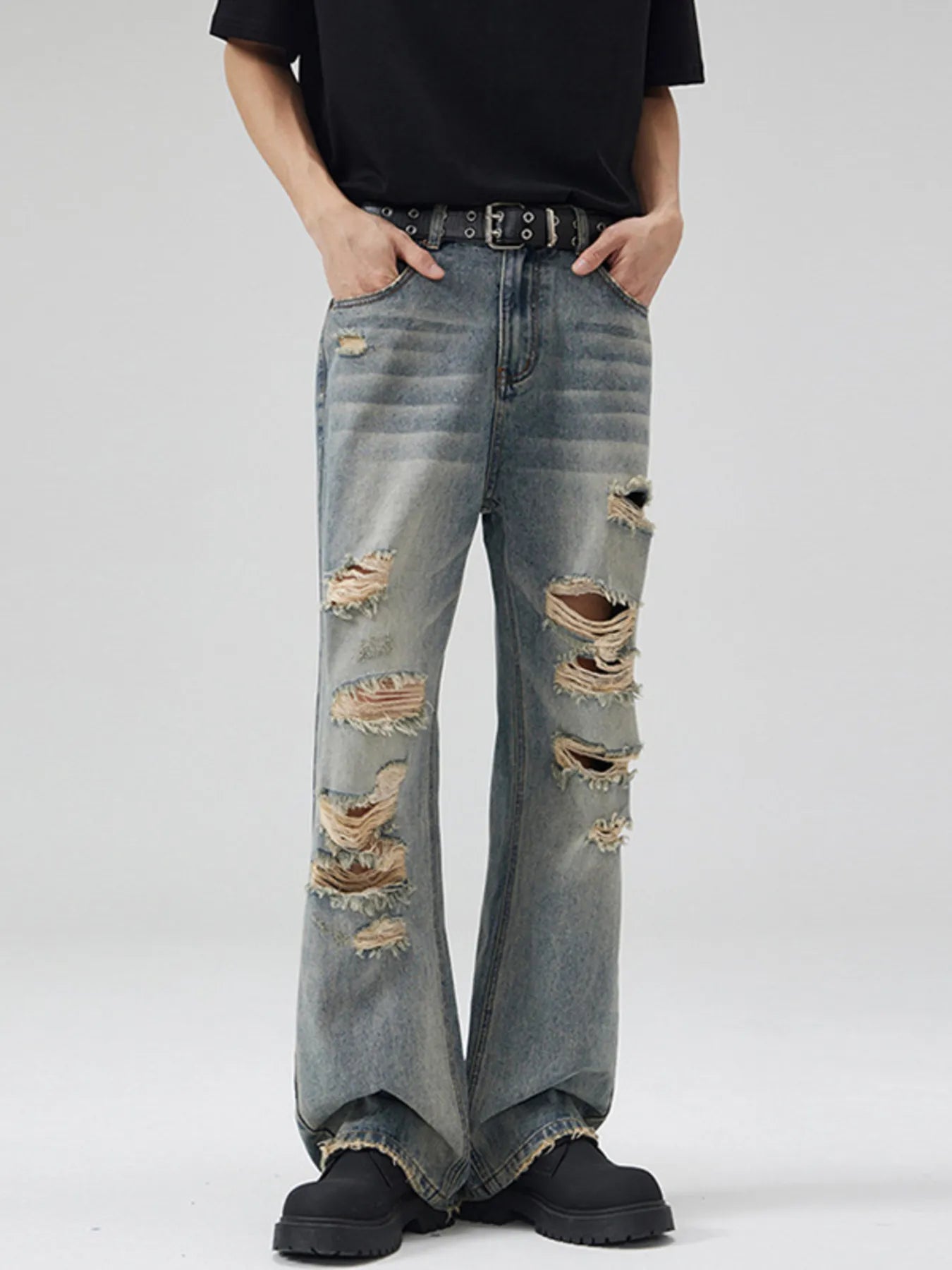 Men's Full Size Distressed Wide Leg Jeans Plus Size - Old Blue -