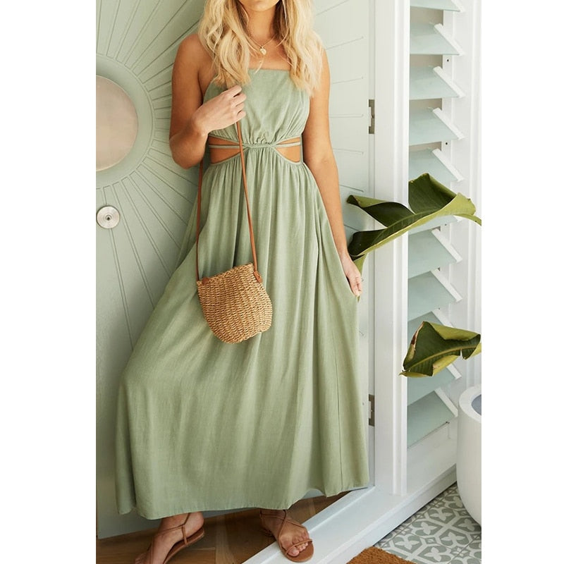 Lace-up Waist Collar Sling Cotton and Linen Dress - Green XL - dress