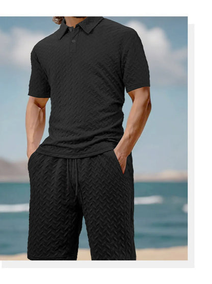 Men's Full Size Textured Polo Shirt and Shorts Set Plus Size - -