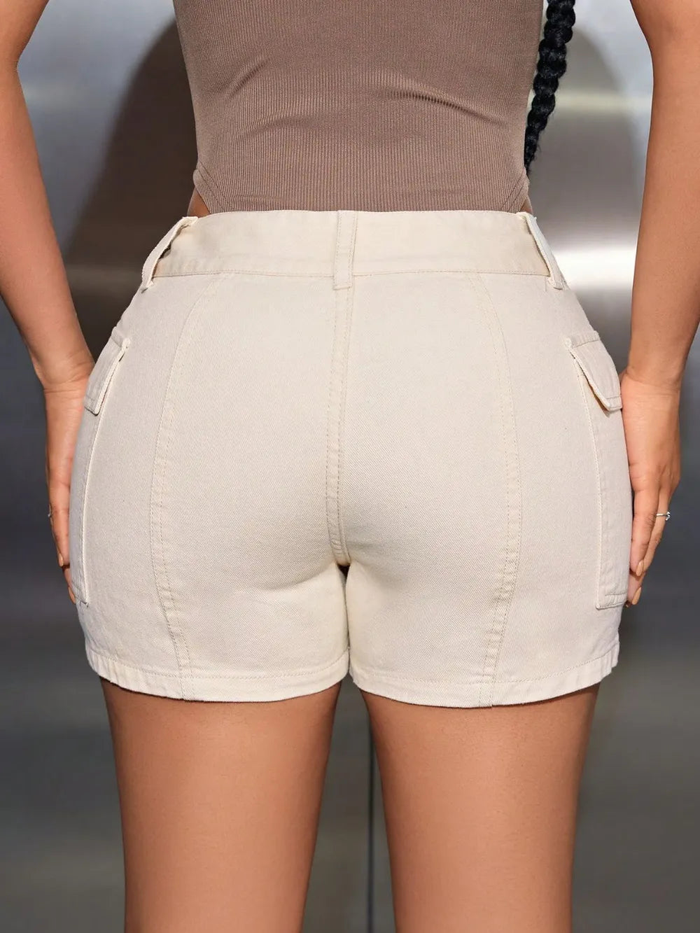 Mid-Rise Waist Denim Shorts with Pockets - -