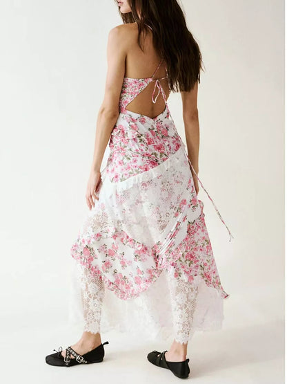 Lace Floral Print Ruffle Trim Maxi Dress - -