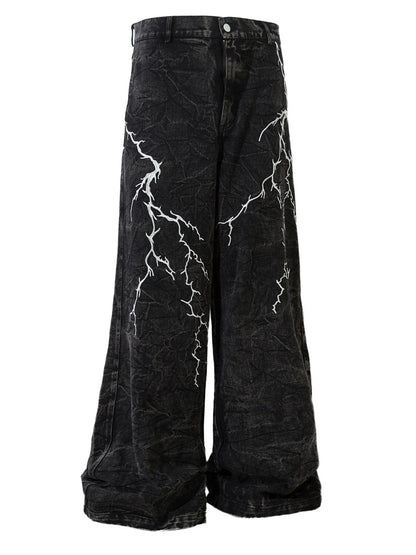 Men's Lightning Pattern Wide Leg Jeans - Black -